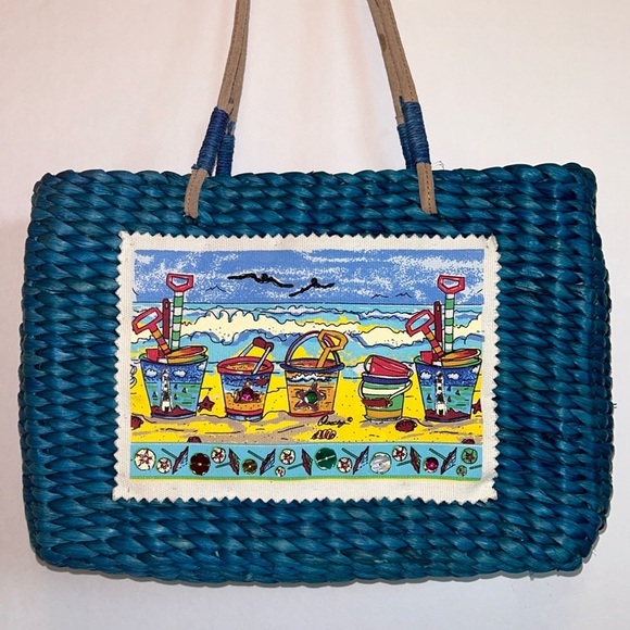Sun N Sand Deep Aqua Blue Braided Straw Beach Scene Handbag - Picture 1 of 8